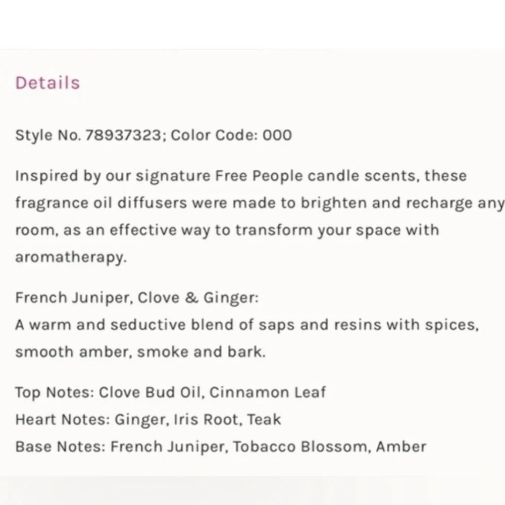Free People Apothecary Reed Diffuser French Juniper, Clove and Ginger